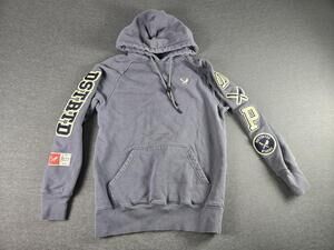 Distorted People Hoodie Sweatshirt Mens XS Blue Graphic Patches Pullover